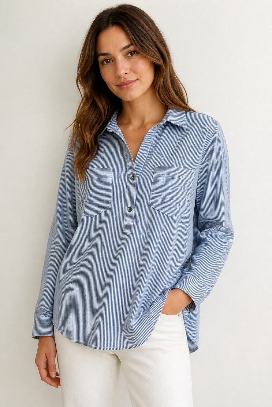 J.Jill Petite Denim Blue Pinstripe Button Down Shirt M